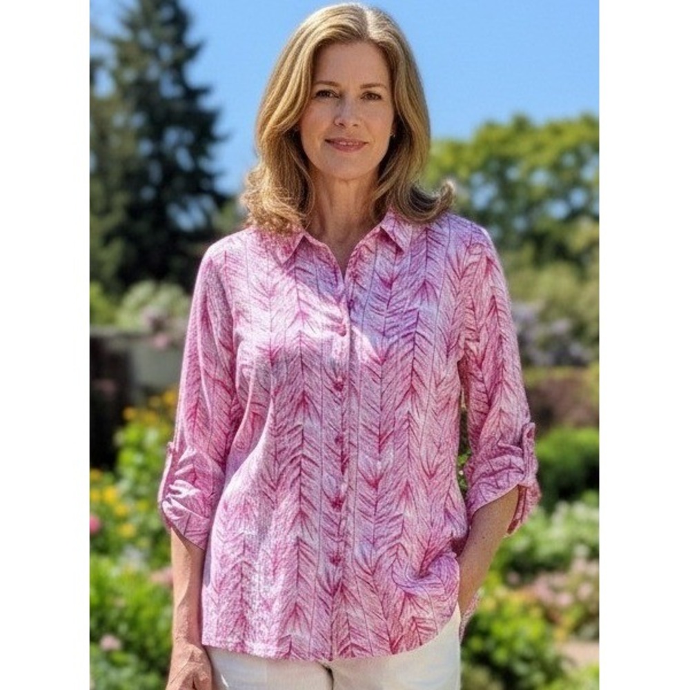 Appleseed's Button Down Shirt Womens Large Pink White Leaf Print Cotton Vacation
